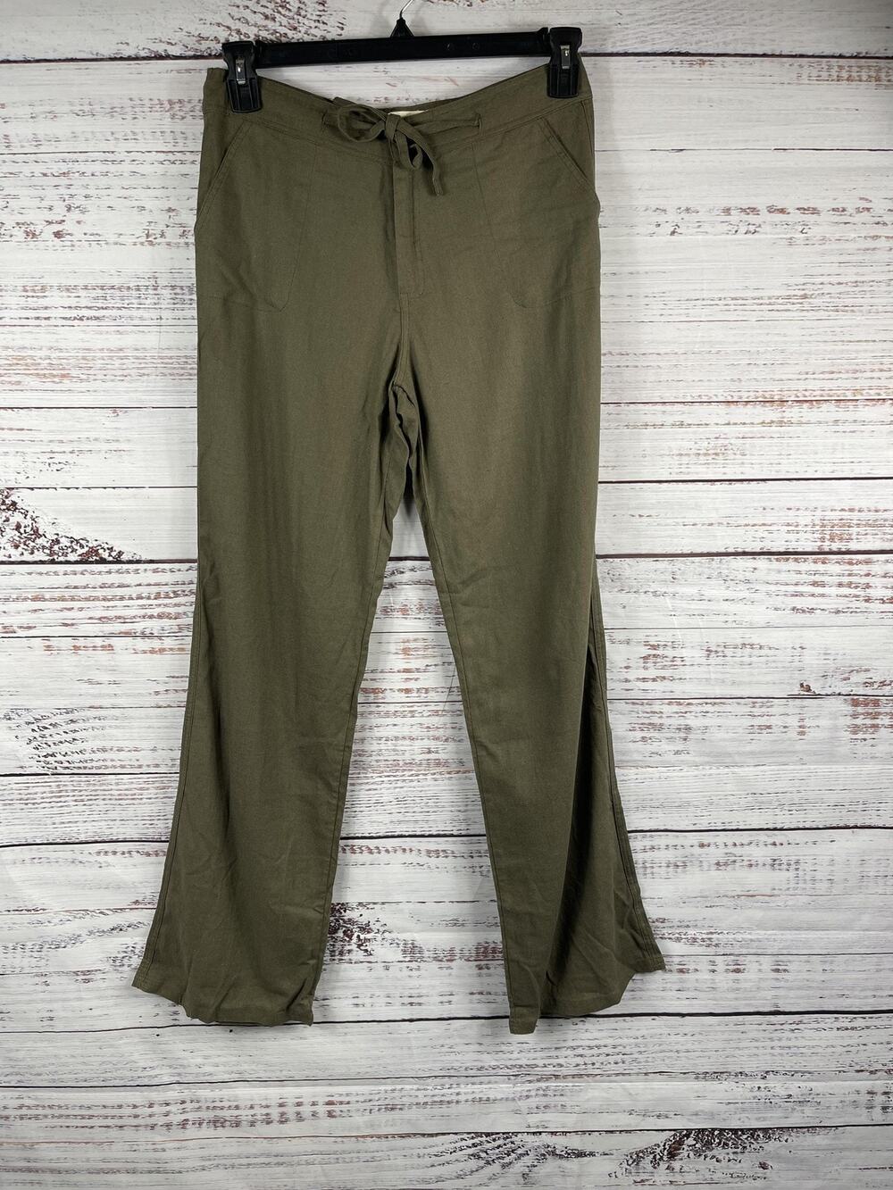 BCBGMAXAZRIA Pants Women's XL Green Linen Blend Flare Drawstring Slit Pockets